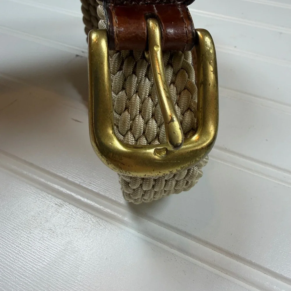 Brighton Vintage Mens 42 Braided Cord Leather Belt Tan Brown Brass 3502 USA